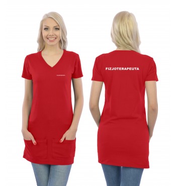 Fizjoterapeuta Koszulka Tunika V-neck Z Kieszeniami Medyczna Czerwony Napis