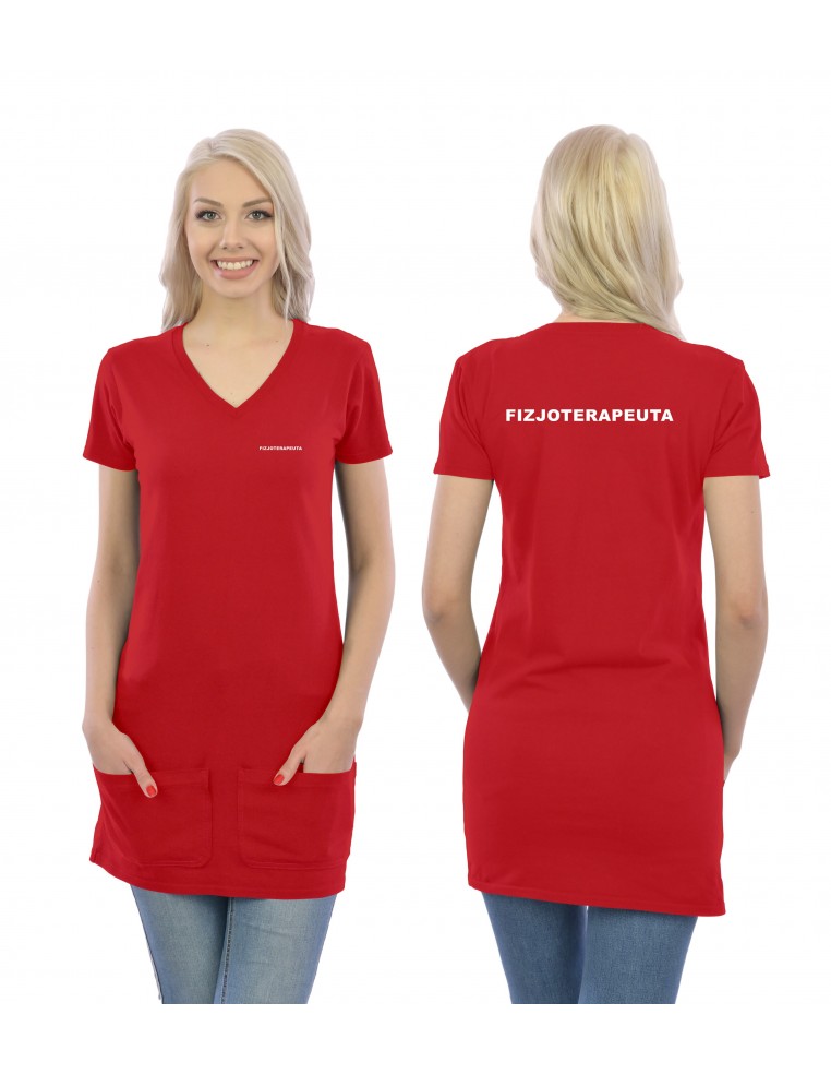 Fizjoterapeuta Koszulka Tunika V-neck Z Kieszeniami Medyczna Czerwony Napis