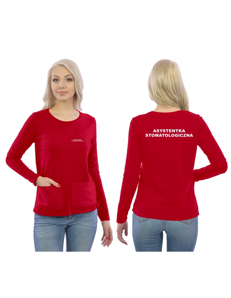 Asystentka Stomatologiczna Koszulka Long Z Kieszeniami Medyczna Czerwony Eskulap