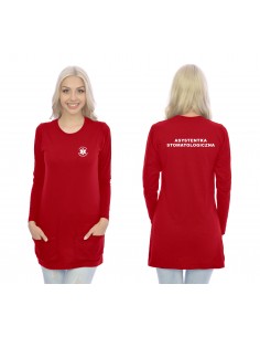Asystentka Stomatologiczna Koszulka Tunika Long Z Kieszeniami Medyczna Czerwony Eskulap