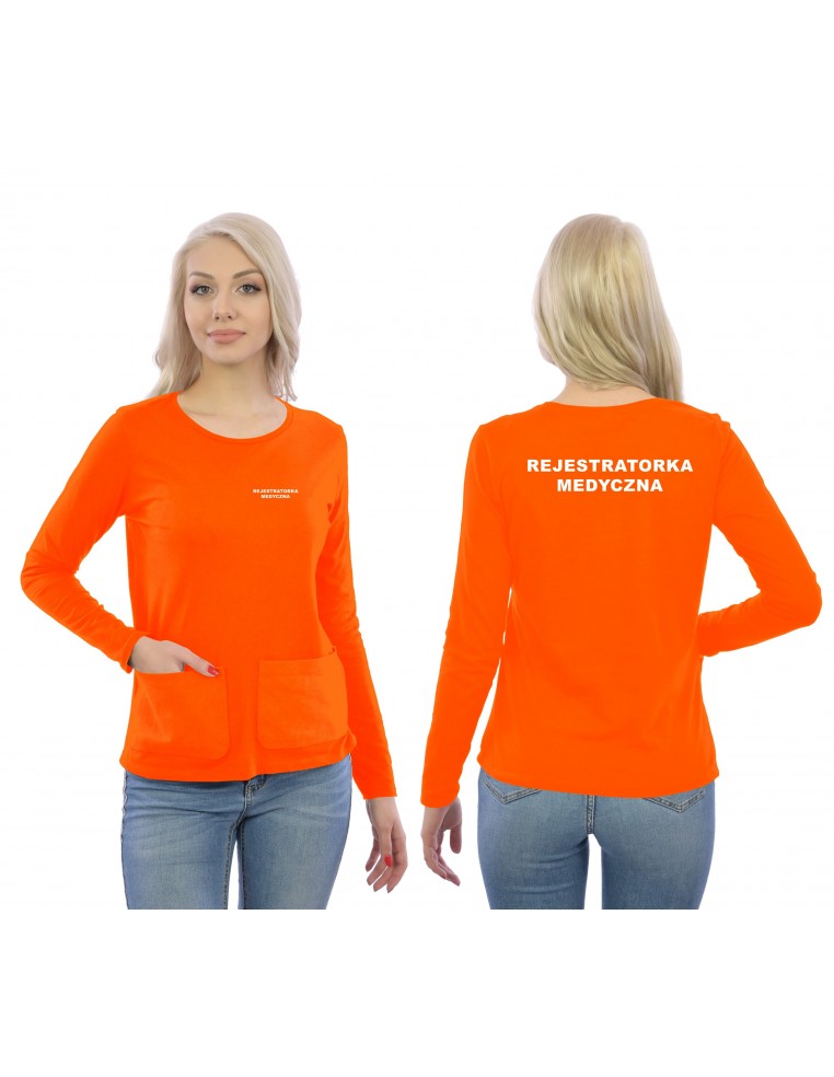 Rejestratorka Medyczna Koszulka Long Z Kieszeniami Medyczna Pomarańczowy Napis