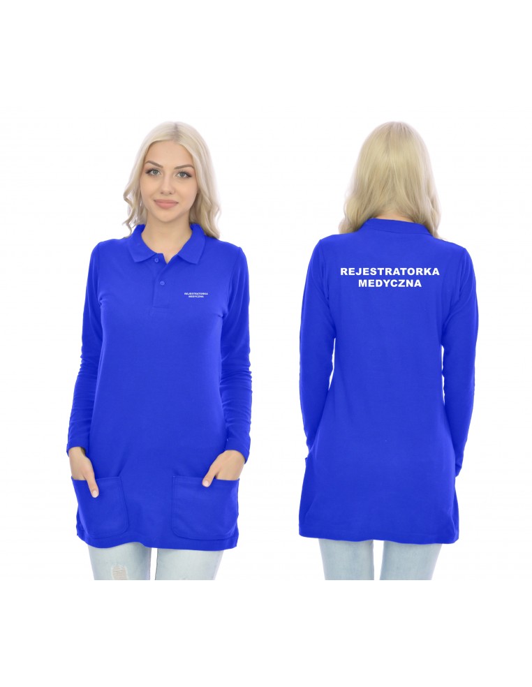 Rejestratorka Medyczna Koszulka Tunika Polo Long Z Kieszeniami Medyczna Niebieski Napis