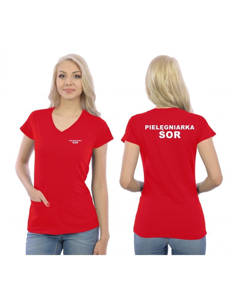 Pielęgniarka SOR Koszulka V-neck Z Kieszeniami Medyczna Czerwony Napis